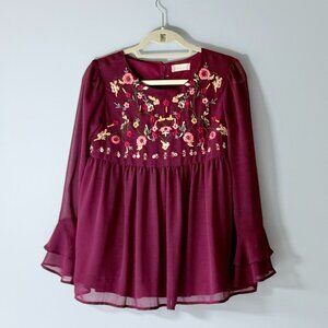 Altar’d State Floral Embroidery Gathered Lantern Sleeve Blouse Size S